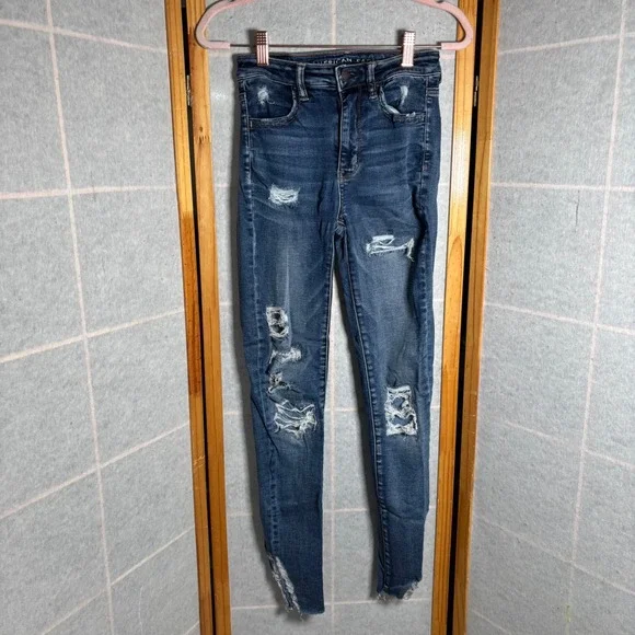 American Eagle Outfitters Womens High Waisted Skinny Jeans Blue Distressed Sz 2 - Picture 2 of 10
